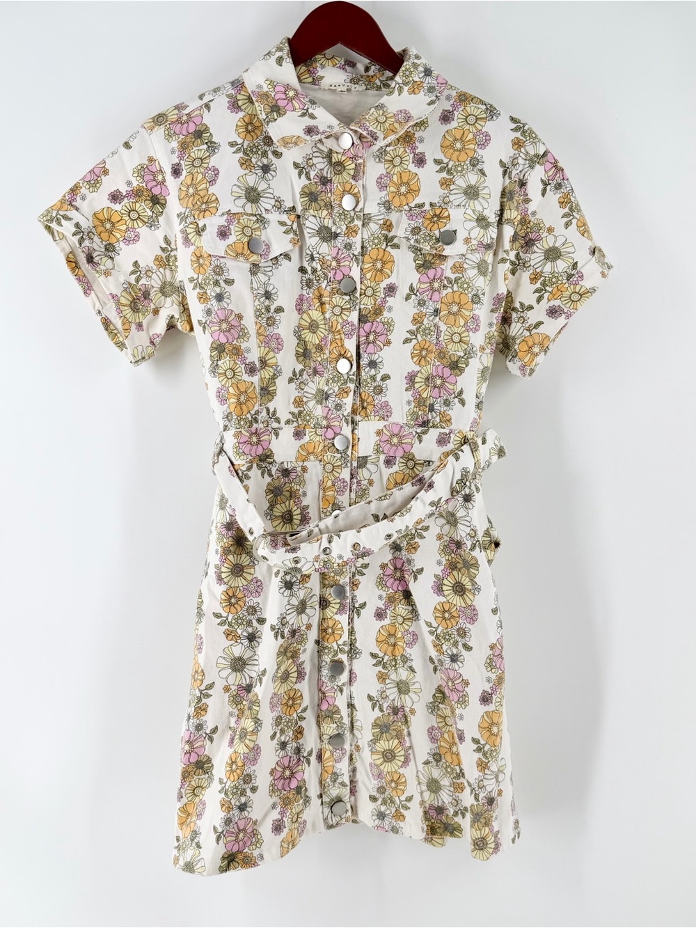 Bae Vely Retro 70s Groovy Floral Denim Belted Mini Dress L Whimsygoth Cowgirl